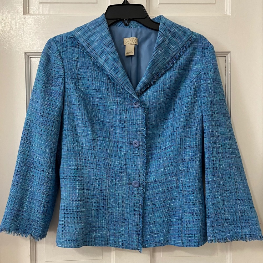 Sigrid Olsen Silk Tweed Sport Blazer 6 Turquoise Classic Academic Coastal Chic